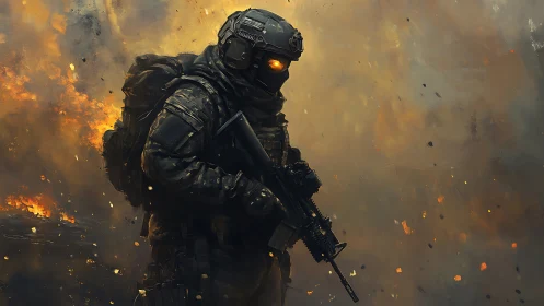 Armored exosuit soldier advances through incendiary battlefield haze
