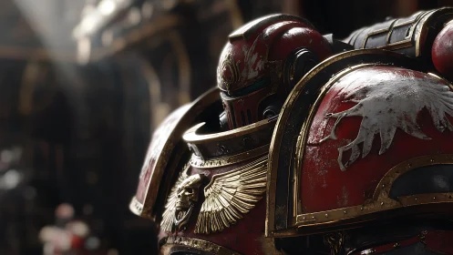 Armored red power suit with worn heraldic insignia in bokeh hall
