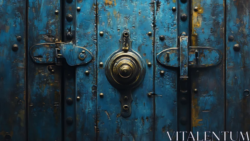 Weathered blue metal door with central round lock detail.