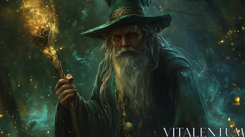 Bearded robed wizard holding flaming staff in dark forest.