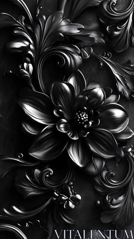 Ornate black floral relief with glossy metallic sheen detail.