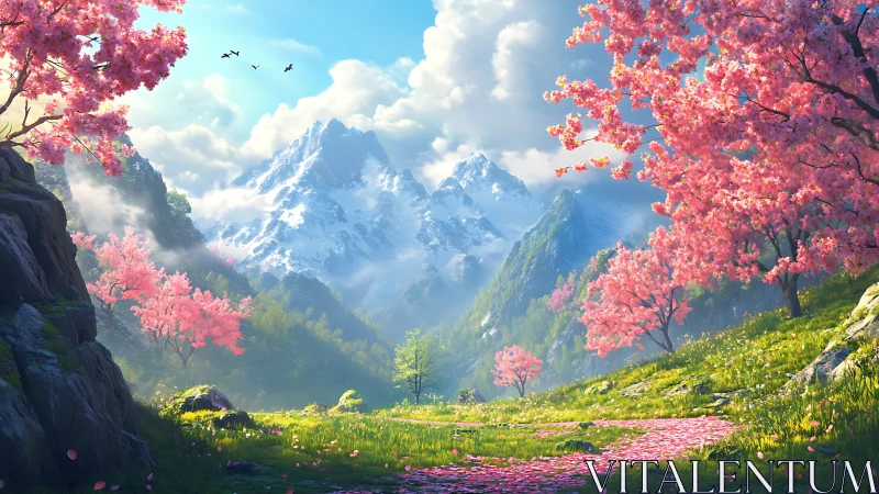 Mountain valley rendered with high saturation cherry blossom trees