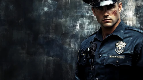 Battle-worn police officer stands against gritty metal wall.