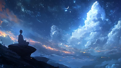 Moonlit meditation beneath a dreamy, star-filled sky.