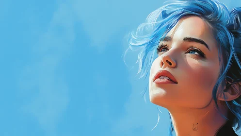 Skybound daydreamer with electric blue hair gazing upward.