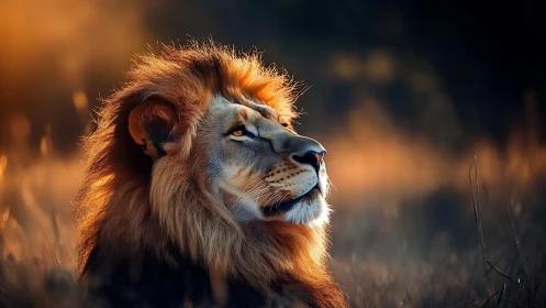 Majestic lion in sunset backlight, contemplative profile view.