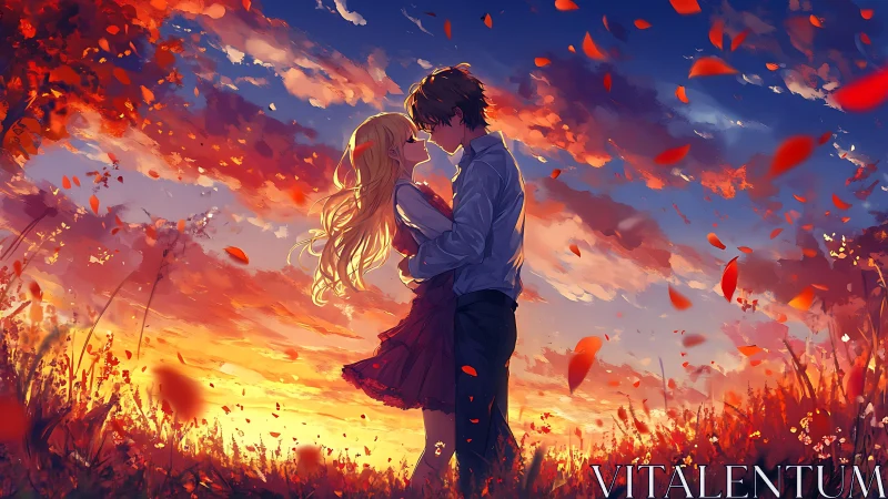 Sunset embrace under swirling autumn sky of gentle warmth.