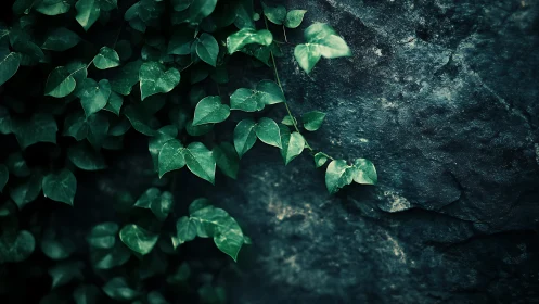 Moody shallow depth of field study of vine leaves against rock