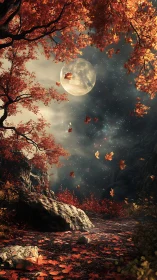 Moonlit autumn ravine where scarlet leaves orbit silence.