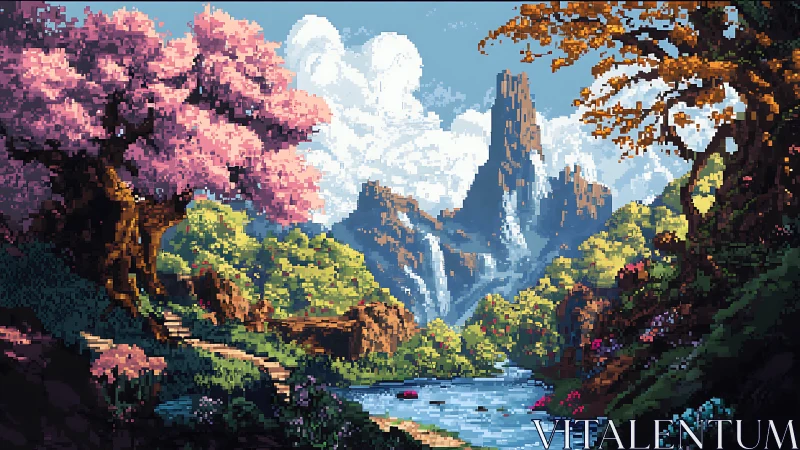 Pixel fantasy valley with waterfalls, river and blossoms.