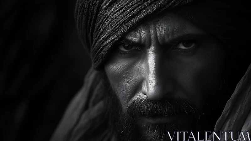 Intense turbaned portrait glows with quiet strength and focus