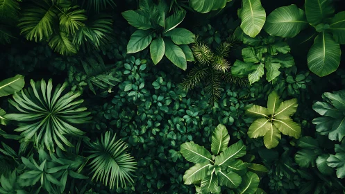 Top-down dense tropical foliage with layered leaf morphologies