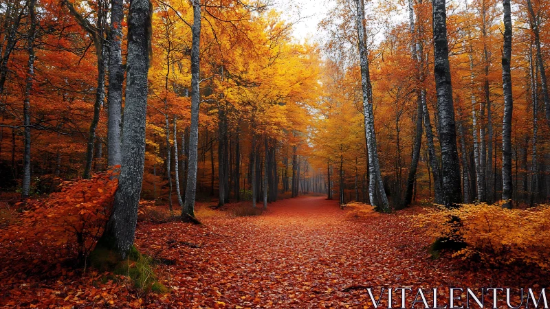 Forest path lined with birch trees in autumn