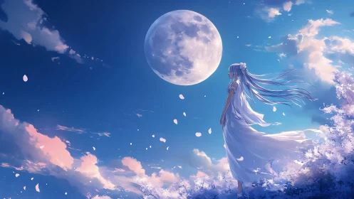 Moonlit anime girl among cherry blossoms at twilight sky.