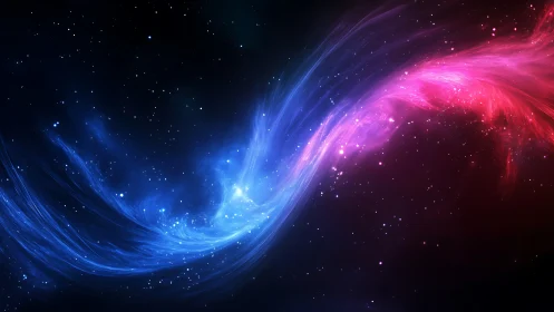 Blue and pink cosmic energy streams crossing in deep space.