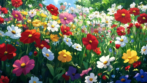 Vibrant Flower Field Blooming with Cosmos and Dahlias