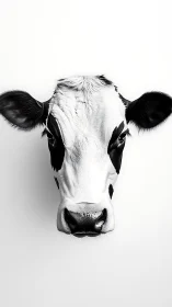 Monochrome cow portrait floating in a crisp white abyss.