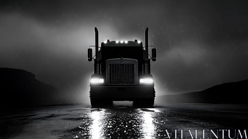 Backlit semi-truck silhouette on wet roadway under heavy rain