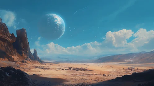 Exoplanetary desert plain under colossal atmospheric moonrise.