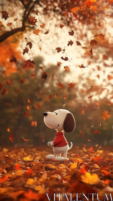 Cartoon dog character stands amid falling autumn leaves