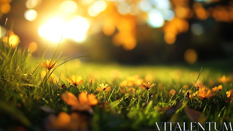 Golden meadow morning glow with tiny sunlit blossoms.