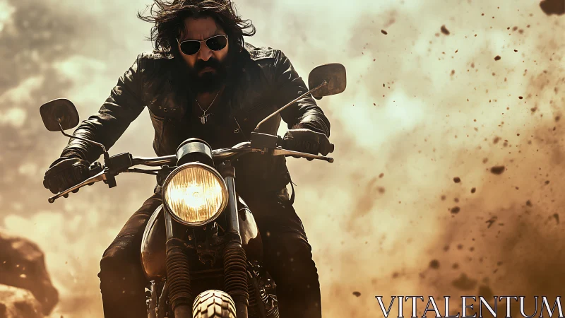 Rebel biker charges through dust storm on rugged motorcycle.