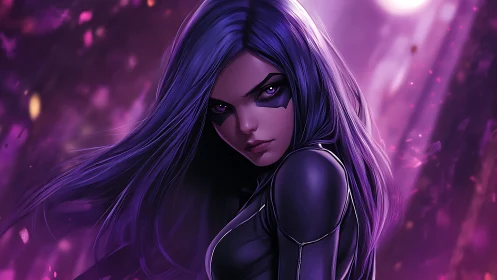Violet haired vigilante in glowing cyber mystic forest.