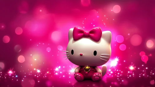 3D kawaii cat figurine sits amid luminous pink bokeh field