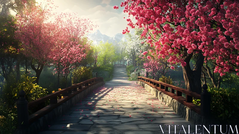 Sunlit stone bridge beneath fluttering spring blossoms.