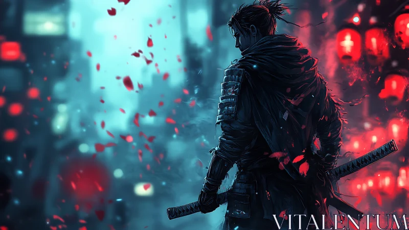 Midnight ronin carves silence through neon petals and smoke