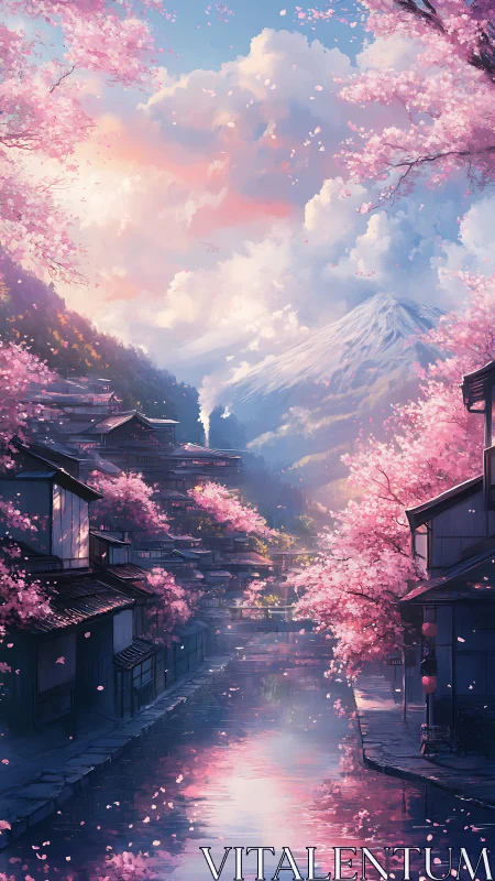 Springtime canal beneath snowcapped mountain clouds at dusk.