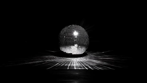Mirror disco ball on dark background with radial light pattern.