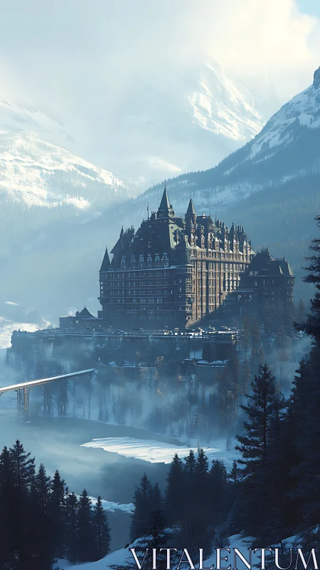 Large mountain castle above frozen river and forest in winter.