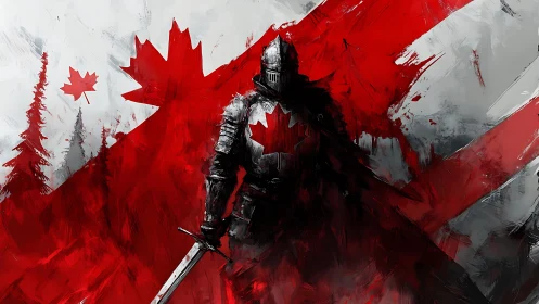 Digital painting of armored knight framed by abstract Canada flag.