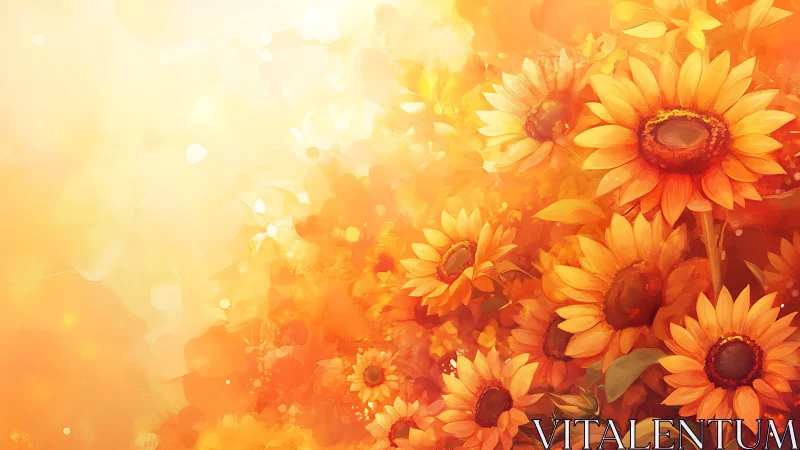 Radiant digital sunflowers dissolve into an abstract golden haze
