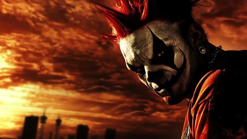 Twisted clown glare carves red shadows into the burning sky