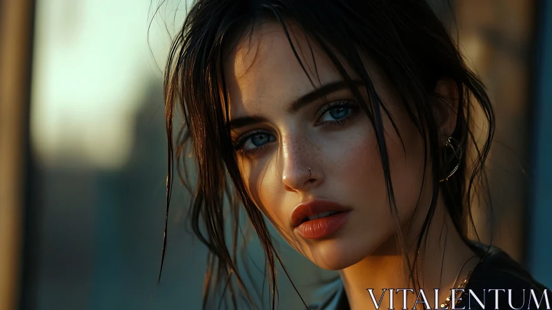 Portrait shows blue eyed woman in warm evening side light