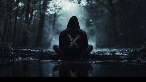 Hooded figure with X symbol seated in dim forest clearing.