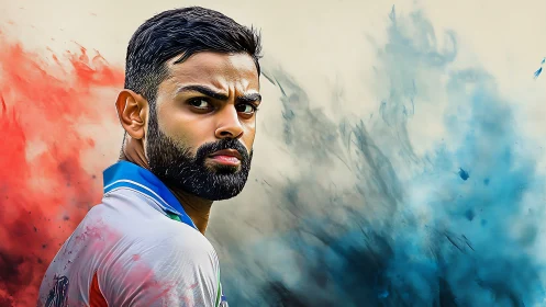 Focused cricket player stands strong amid bold color swirls