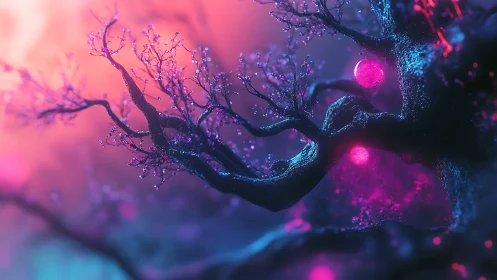 Bioluminescent neon tree branches in ethereal twilight glow.