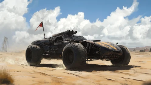 Post-apocalyptic desert assault car kicking dust clouds.