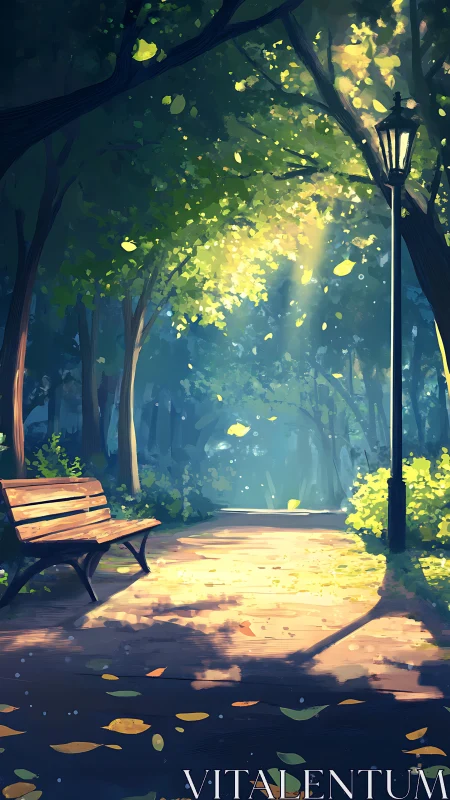 Luminescent Park Sanctuary: Where Falling Leaves Choreograph Evening Light.