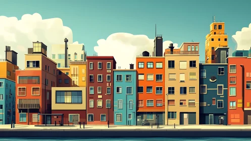 Color-blocked city waterfront under clear midday sky.