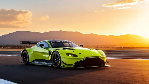 Lime green GT race car cuts across sunlit circuit at dusk