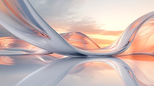 Translucent glass waves curve over reflective sunrise horizon