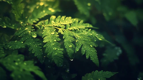 Gentle fern leaves glowing softly after a quiet rainfall.