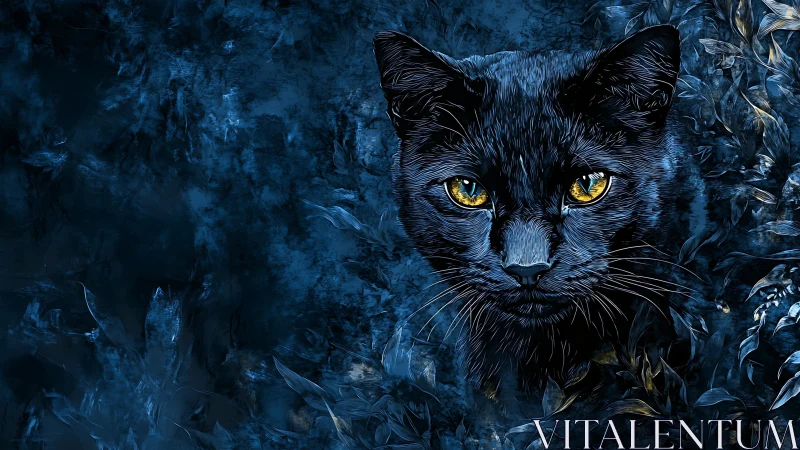Black Cat with Golden Eyes in Blue Textured Background.