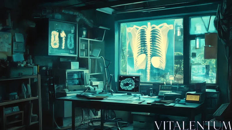 Noir radiology lab glows with neon bones and data ghosts.