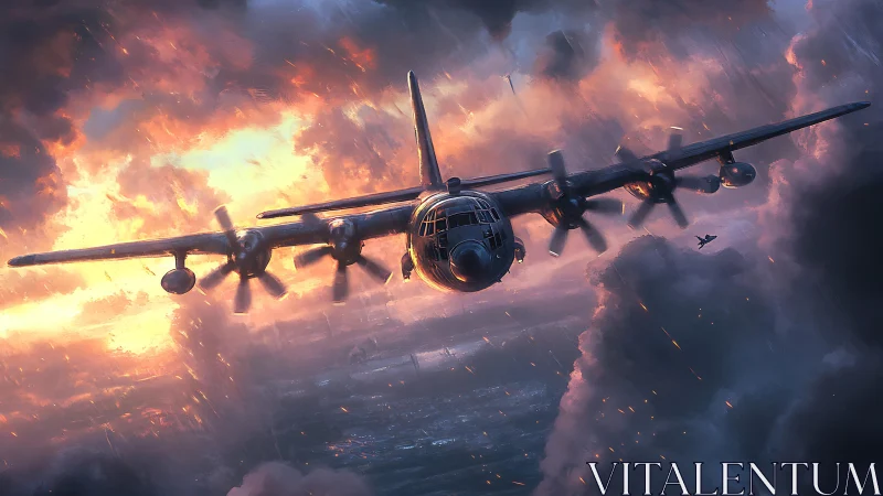 Armored propeller bomber cuts through incendiary stormfront sky