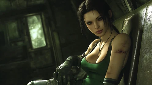 Rendered female figure seated in dim industrial interior